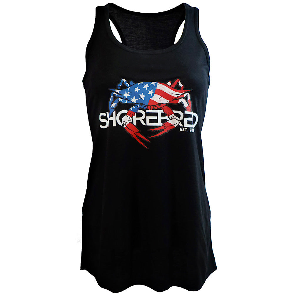 Women's Black Flowy Racerback Blue Crab Tank